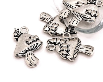 4, 20 or 50 BULK Silver Caterpillar on Mushroom Charms, Double Sided, Alice in Wonderland, 25x16mm | Ships Immediately from USA | AS551
