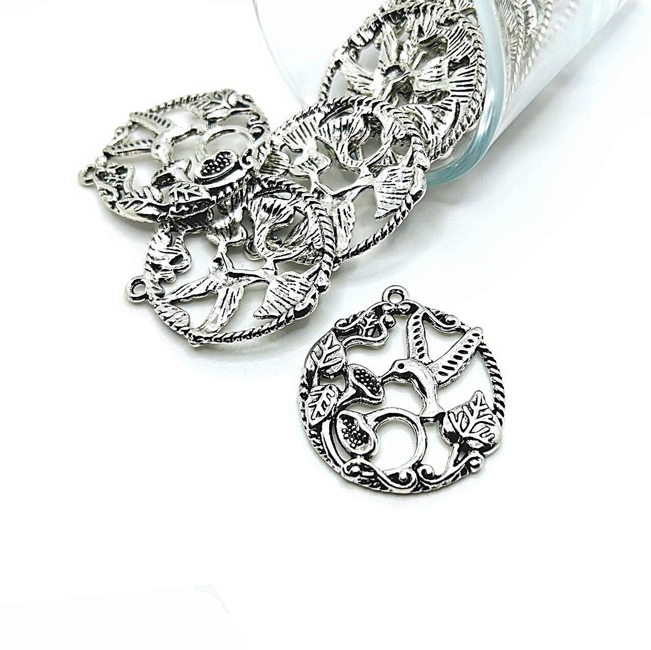 4, 20 or 50 BULK Silver Hummingbird charm pendant, Round humming bird, Hummer Bird | Ships Immediately from USA | AS953