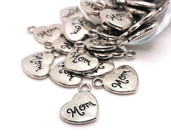 1, 4, 20 or 50 BULK Silver Mom Heart Tag Charms, Love, Mother Charm, Mother's Day, Double Sided | Ships Immediately from USA | AS1517