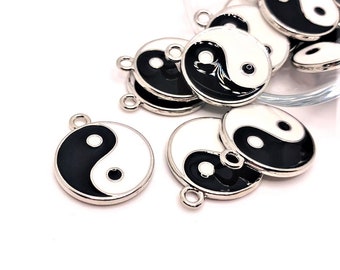 4, 20 or 50 BULK Yin Yang Charms, Black and White, Enamel, Silver Yin Yang, Double Sided, 2cm | Ships Immediately from USA | EN351