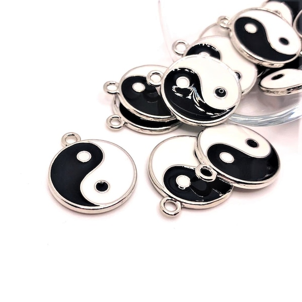 4, 20 or 50 BULK Yin Yang Charms, Black and White, Enamel, Silver Yin Yang, Double Sided, 2cm | Ships Immediately from USA | EN351