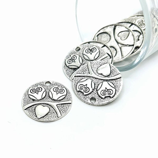 4, 20, or 50 BULK Round Owl Charms, Antique Silver Owl Pendant, Love Bird Charms, Round, 25mm | Ships Immediately from USA | AS827