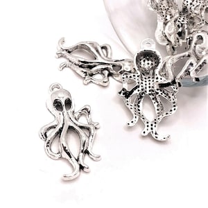 4, 20 or 50 BULK Silver Octopus Charms, Steampunk Cham, Cthulhu, Kraken, 30x18mm | Ships Immediately from USA | AS450