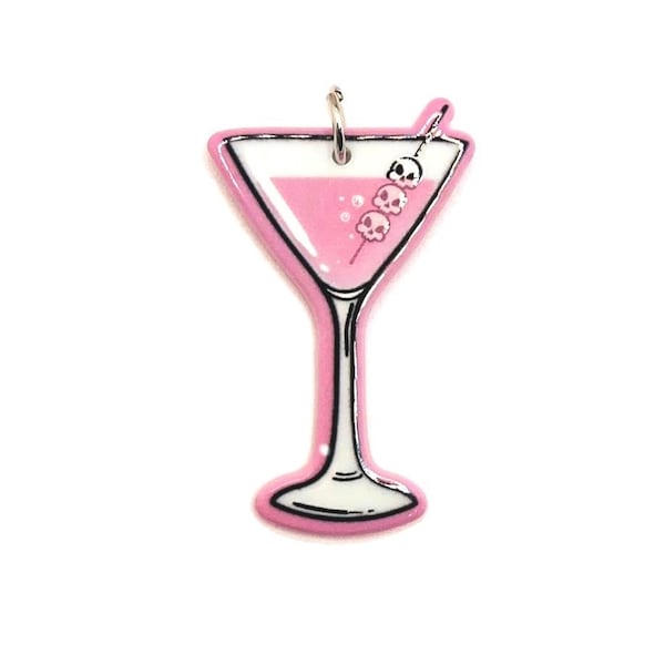 1, 4 or 20 BULK Pink Killer Martini with Skull Olives Charms, Fun Drink, Spooky Cheers Charm | Ships Immediately from USA | PK1389