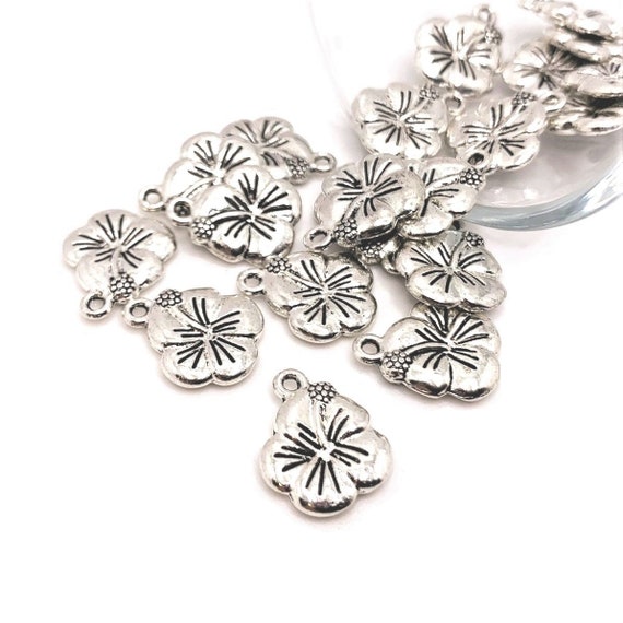 4, 20 or 50 BULK Hibiscus Flower Charms, Silver Tropical Hawaiian Charm,  Double Sided, 14x12mm Ships Immediately From USA AS226 
