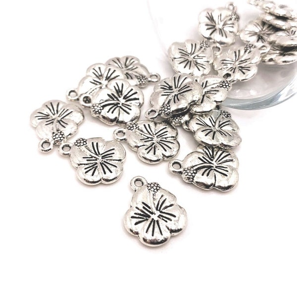 4, 20 or 50 BULK Hibiscus Flower Charms, Silver Tropical Hawaiian Charm, Double Sided, 14x12mm | Ships Immediately from USA | AS226