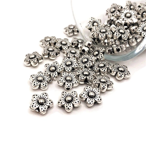 4, 20 or 50 BULK Flower Spacer Beads, Silver Daisy Bead, Double Sided Flower Charm, 9mm | Ships Immediately from USA | AS242