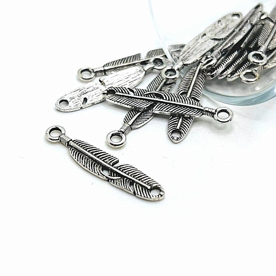 4, 20 or 50 BULK Silver Feather Connector Charms, Antique