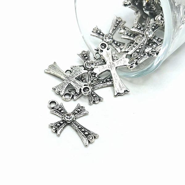 4, 20 or 50 BULK Antique Silver Small Cross Charms with Rhinestones, Cross Pendant, Religious Charm | Ships Immediately from USA | CL003