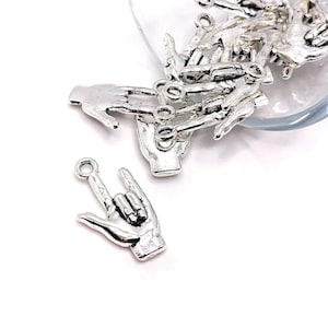 4, 20 or 50 BULK Sign Language Charms, ASL, I Love You Hand Sign, Double Sided, 3D, Silver, 21x12mm | Ships Immediately from USA | AS253