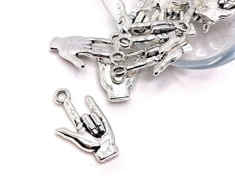 4, 20 or 50 BULK Sign Language Charms, ASL, I Love You Hand Sign, Double Sided, 3D, Silver, 21x12mm | Ships Immediately from USA | AS253