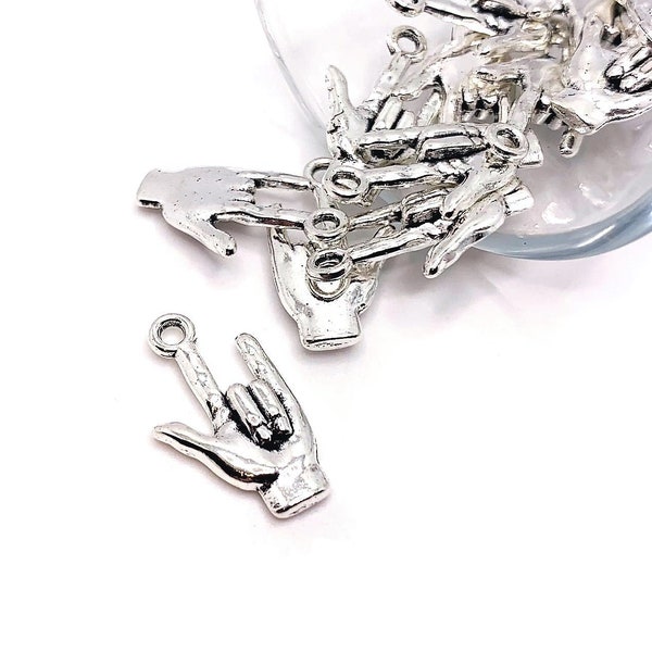 4, 20 or 50 BULK Sign Language Charms, ASL, I Love You Hand Sign, Double Sided, 3D, Silver, 21x12mm | Ships Immediately from USA | AS253