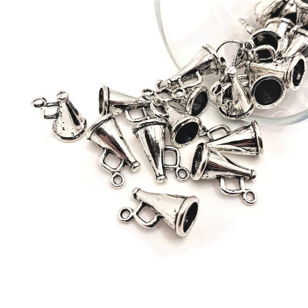 4, 20 or 50 BULK Silver Megaphone Charms, Cheerleading, Squad, 3D, 15x9x9mm | Ships Immediately from USA | AS556