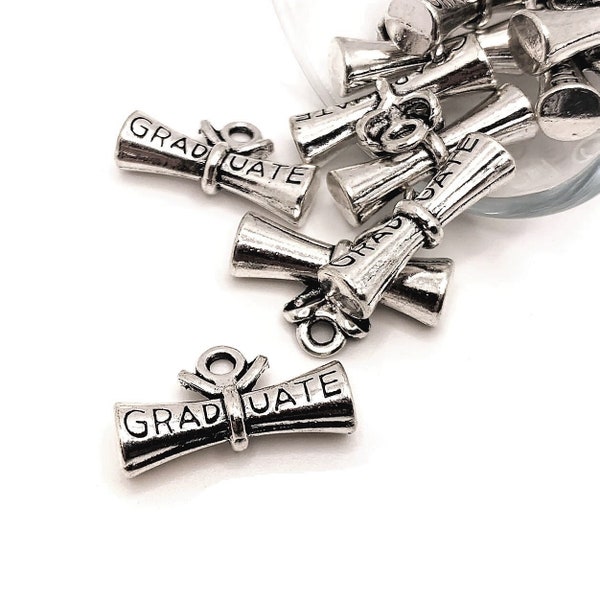 4, 20 or 50 BULK Graduate Scroll Charms, Silver Graduation Charm, Diploma, 3D, 21x13mm | Ships Immediately from USA | AS321