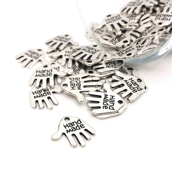 4, 20 or 50 BULK Handmade Tags, Hand Charm, Silver Hand Made Artisan Charms, 12x13mm | Ships Immediately from USA | AS237