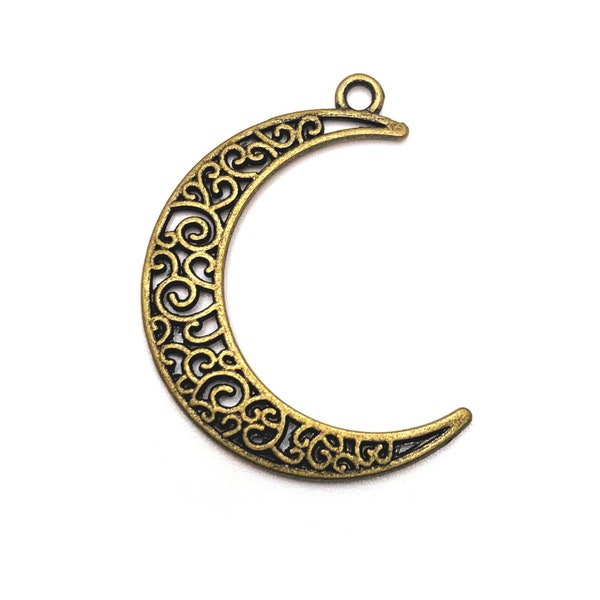 4, 20 or 50 BULK Crescent Moon Charms, Filigree, Bronze Moon, Lunar Scroll Charm, 39x30mm | Ships Immediately from USA | BR136