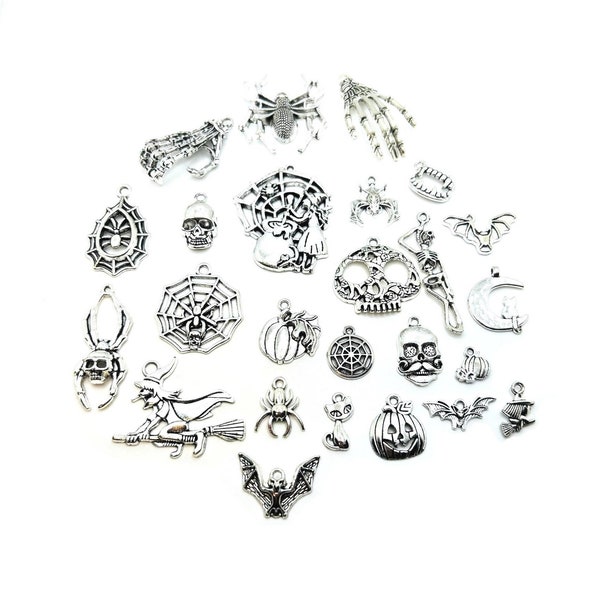 80 Piece Antique Silver Halloween Mixed Lot of Charms | Ships Immediately from USA | AS1625