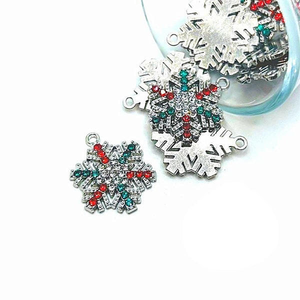 4, 20 or 50 BULK Silver and Rhinestone Snowflake Charms, Winter Charm, Christmas, Holidays, 19x24mm | Ships Immediately from USA | SL013