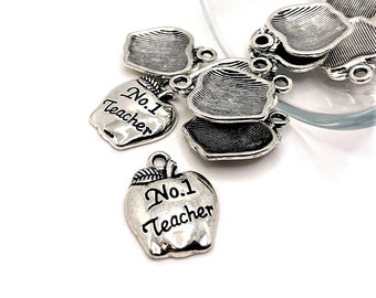 4, 20 or 50 BULK Silver #1 Teacher Charms, Teacher Appreciation, Apple Charm, 18x14mm | Ships Immediately from USA | AS349