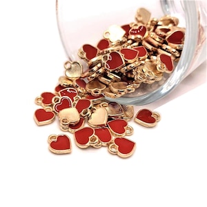 4, 20 or 50 BULK Gold and Red Enamel Tiny Heart Charms, Cupid, Valentines Day, 7x8mm | Ships Immediately from USA | RD1157