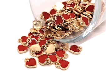 4, 20 or 50 BULK Gold and Red Enamel Tiny Heart Charms, Cupid, Valentines Day, 7x8mm | Ships Immediately from USA | RD1157