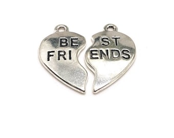 1 or 5 BULK Sets Best Friends Heart Charms, Two Piece Heart, BFF, Best Buds Charm, 23x24mm | Ships Immediately from USA | AS594