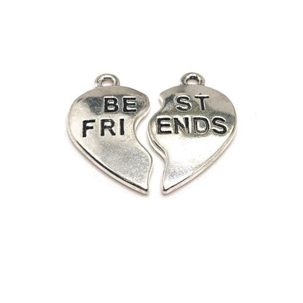 1 or 5 BULK Sets Best Friends Heart Charms, Two Piece Heart, BFF, Best Buds Charm, 23x24mm | Ships Immediately from USA | AS594