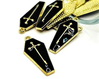 1, 4, 20 or 50 BULK Black and Gold Cross Coffin Charms, Black Enamel, Halloween Pendant | Ships Immediately from USA | EN1130