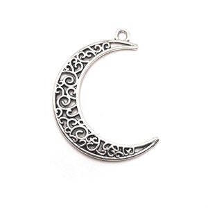 4, 20 or 50 BULK Crescent Moon Charms, Filigree, Silver Moon, Lunar Scroll Charm, 39x30mm | Ships Immediately from USA | AS136