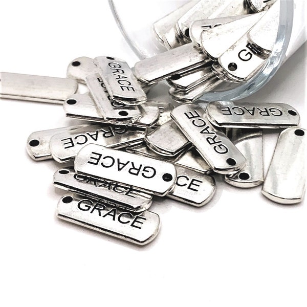 4, 20 or 50 BULK Grace Bar Tags, Antique Silver Word Charm, 21x8mm | Ships Immediately from USA | AS154