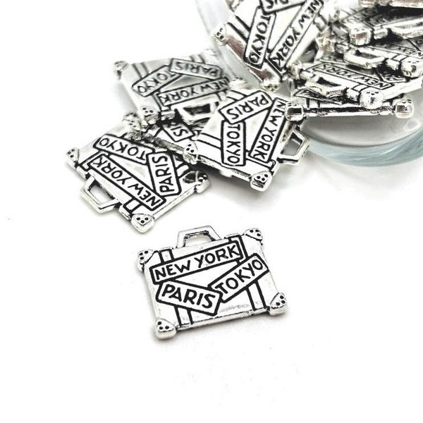 4, 20, or 50 BULK Silver Suitcase Charms, Travel Charm, Antique Silver Charm, Double Sided, 14x16mm | Ships Immediately from USA | AS834