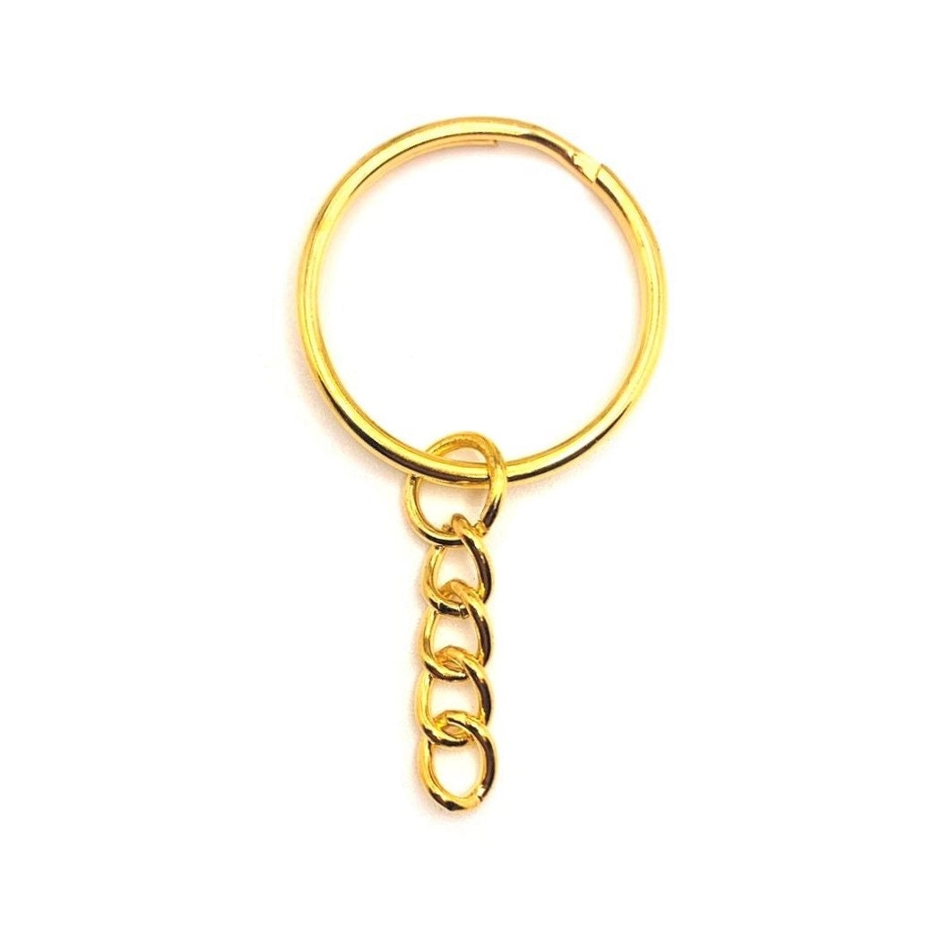 Personalizablex Premium 30mm Flat Key Chain Rings with Attached Chain - Perfect for Crafts - 5 Colors. Rose Gold, Gold, Silver, Black and Gunmetal.