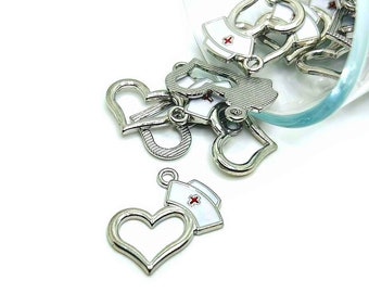 4, 20 or 50 BULK Silver and Enamel Nurse Hat with Heart Charm, White Nurse Hat, Doctor, RN | Ships Immediately from USA | AS1101