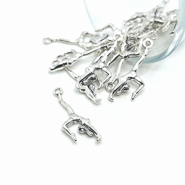 4, 20 or 50 BULK Pieces Silver Gymnast Charm, Cheerleader, Tumbler Charms, 3D, Double Sided, 30 x 10mm | Ships Immediately from USA | AS002