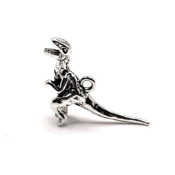 1, 4, 20 or 50 BULK Velociraptor Dinosaur Charms, Silver Dino, 3D Jurassic Charm | Ships Immediately from USA | AS989