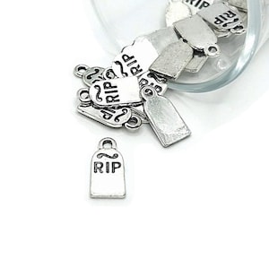 4, 20 or 50 BULK Silver RIP Tombstone Charms, Halloween Charm, Graveyard, 16x8mm | Ships Immediately from USA | AS643