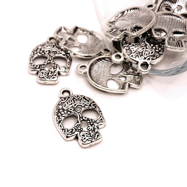 4, 20 or 50 BULK Silver Sugar Skull Charms, Flowered Skull, Dia De Los Muertos, Day of the Dead | Ships Immediately from USA | AS523