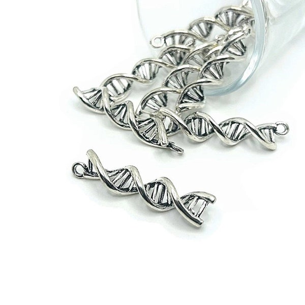 4, 12 or 25 BULK Silver DNA Helix Charms, Genealogy Charm, 3D, 40x10mm | Ships Immediately from USA | AS521