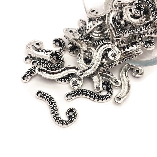 1, 4, 20 or 50 BULK Silver Octopus Tentacle Connector Charms, Steampunk Charm, Cthulhu, Kraken | Ships Immediately from USA | AS1479