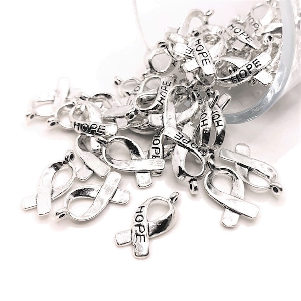 4, 20 or 50 BULK Silver Hope Ribbon Charms, Cancer Awareness, 7 x 18 mm | Ships Immediately from USA | AS075