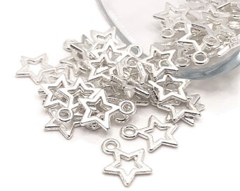 4, 20 or 50 BULK Silver Star Charms, Open, Double Sided Celestial, Small Star Charm, 12mm | Ships Immediately from USA | SL151