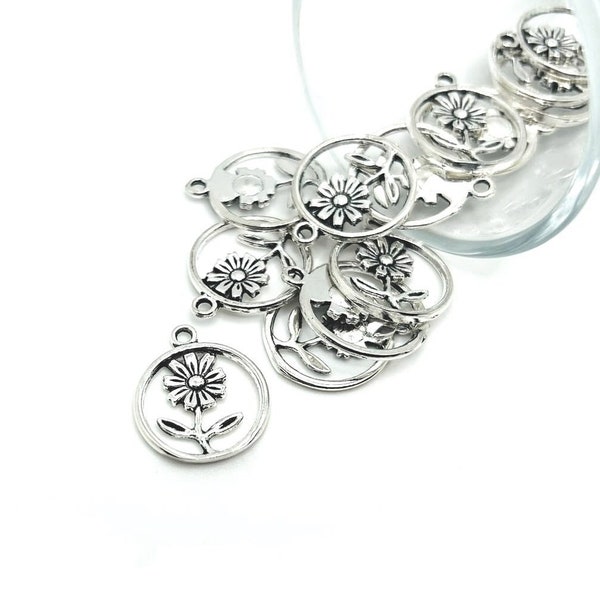 4, 20 or 50 BULK Small Silver Flower in circle Charms, Antique Silver Flower, Small Daisy, Floral | Ships Immediately from USA | AS963