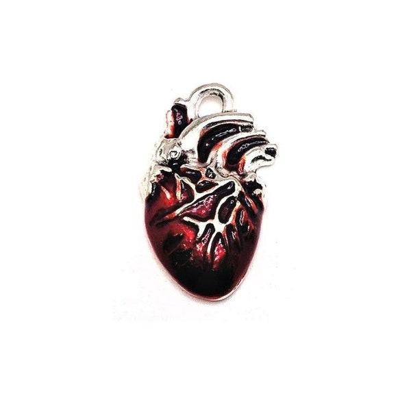 1, 4 or 20 Silver Anatomical Human Heart Charms with Red Enamel, Anatomy, Love, Valentine's Day, Goth | Ships Immediately from USA | RD1332