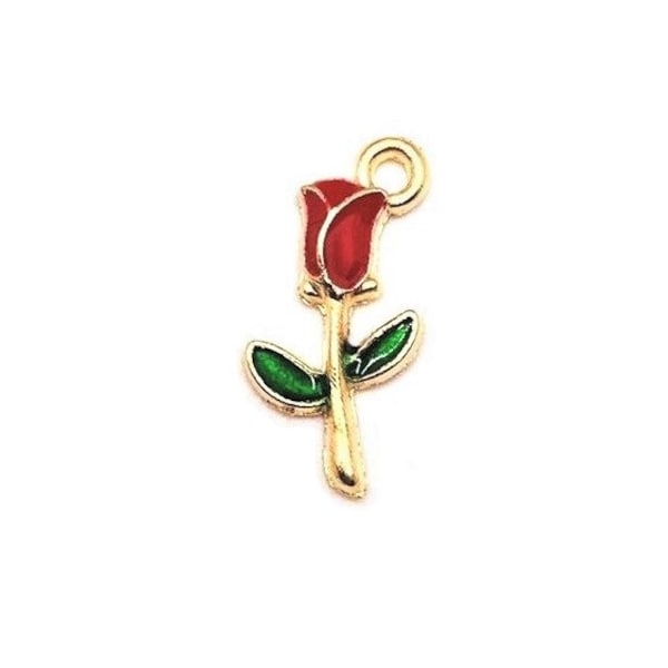 4, 20 or 50 BULK Red Rose Charms, Gold and Enamel Rose, Small Rose, Floral, 10x19mm | Ships Immediately from USA | RD1333