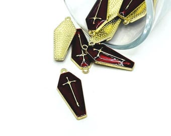 4, 20 or 50 BULK Red and Gold Coffin Charms, Red Enamel, Halloween Pendant | Ships Immediately from USA | GL1130