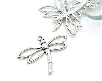 4, 20 o 50 encantos de libélula de plata BULK, conector de mosca de dragón, ala hueca, encanto de insecto de plata, 32x27 mm / Barcos inmediatamente desde EE. UU. / AS673