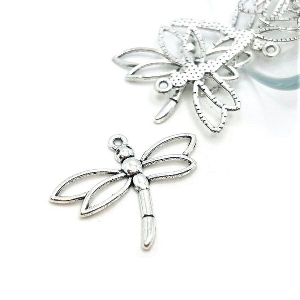 4, 20 or 50 BULK Silver Dragonfly Charms, Dragon fly connector, Hollow Wing, Silver Bug Charm, 32x27mm | Ships Immediately from USA | AS673