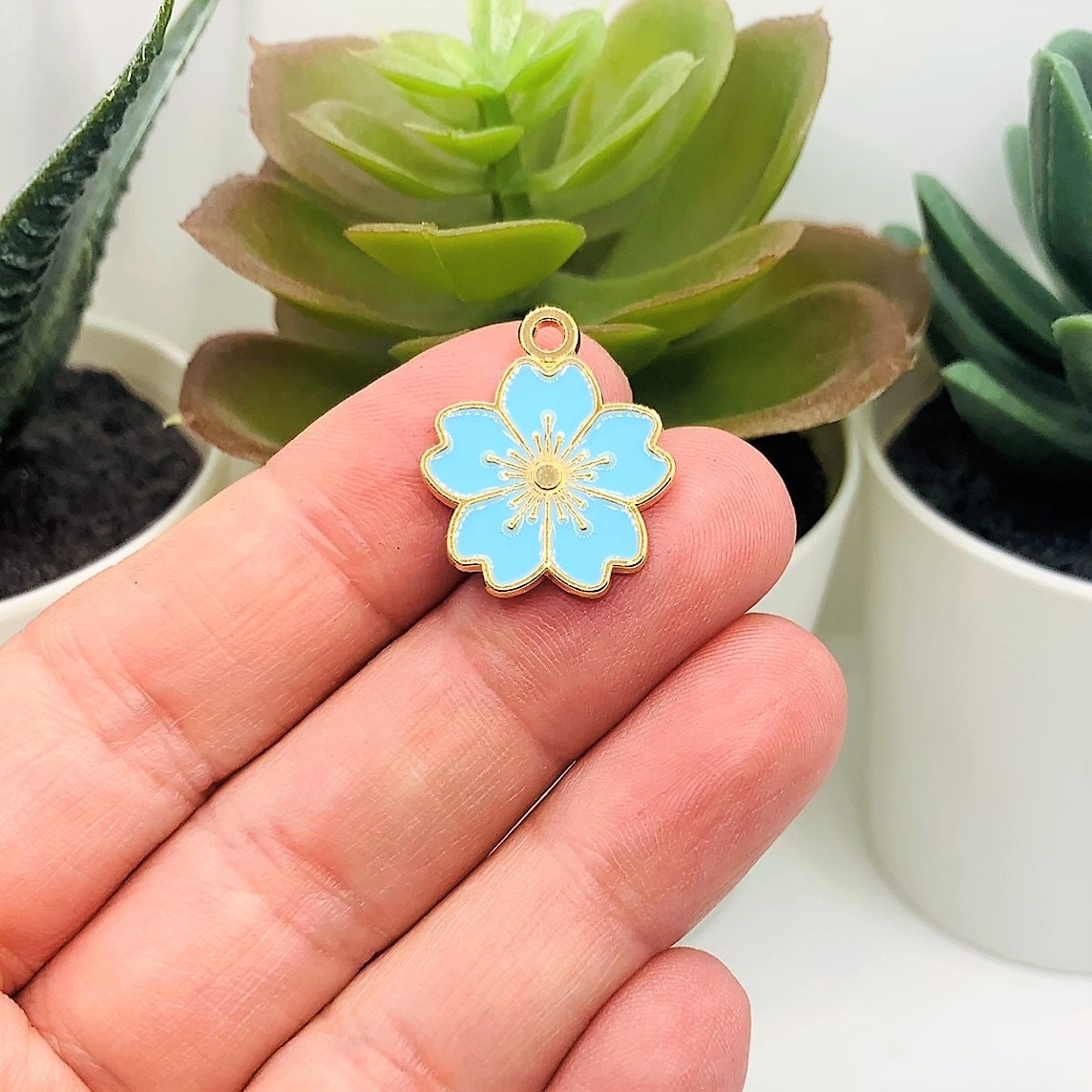 4, 20 or 50 BULK Light Blue and Gold Flower Charms Charm, Small