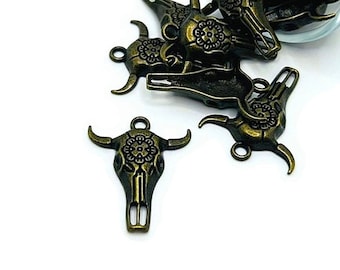 4, 20 or 50 BULK Bronze Cattle Skull Charm, Steer Skull, Cowboy, Western, 32x26mm | Ships Immediately from USA | BR507