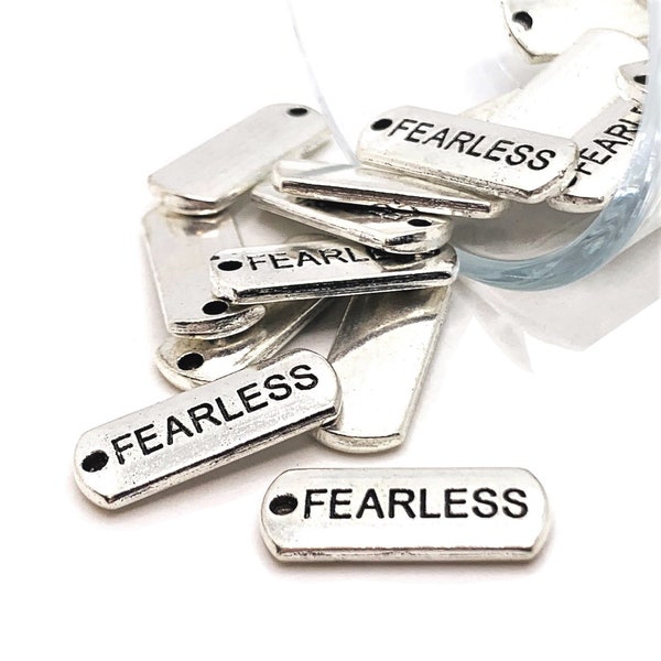 4, 20 or 50 BULK Fearless Bar Tags, Antique Silver Word Charm, 21x8mm | Ships Immediately from USA | AS162
